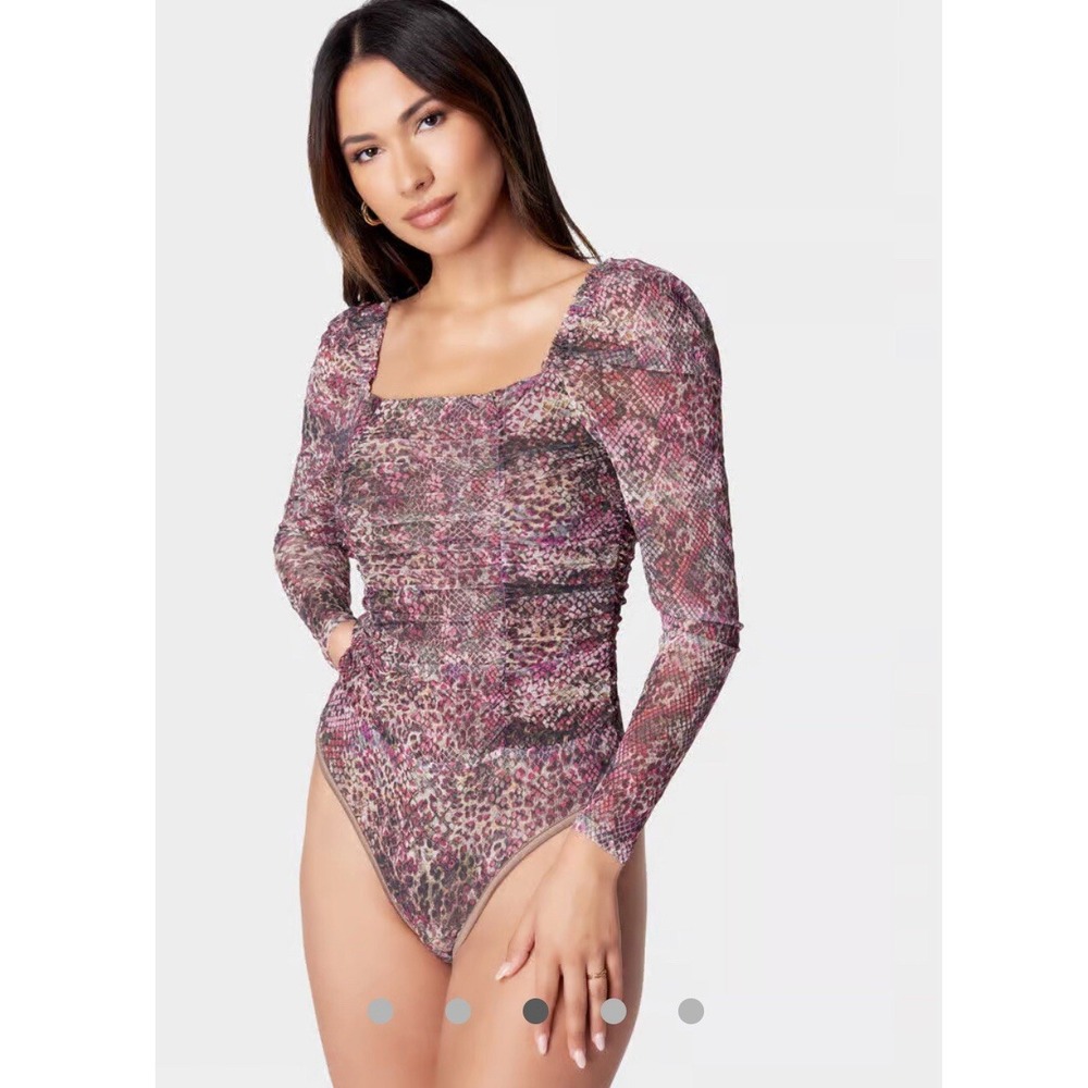 Bebe RUCHED MESH PUFF SLEEVE BODYSUIT Multi Snake Color Size M NWT